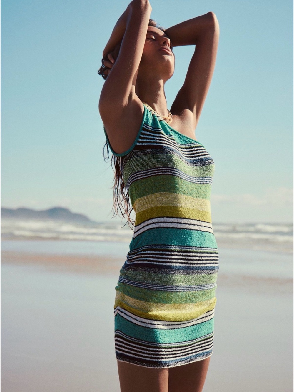 NWT Free People Striped Sweater One Shoulder Mini Dress Aqua Green Combo Size M - Picture 4 of 5